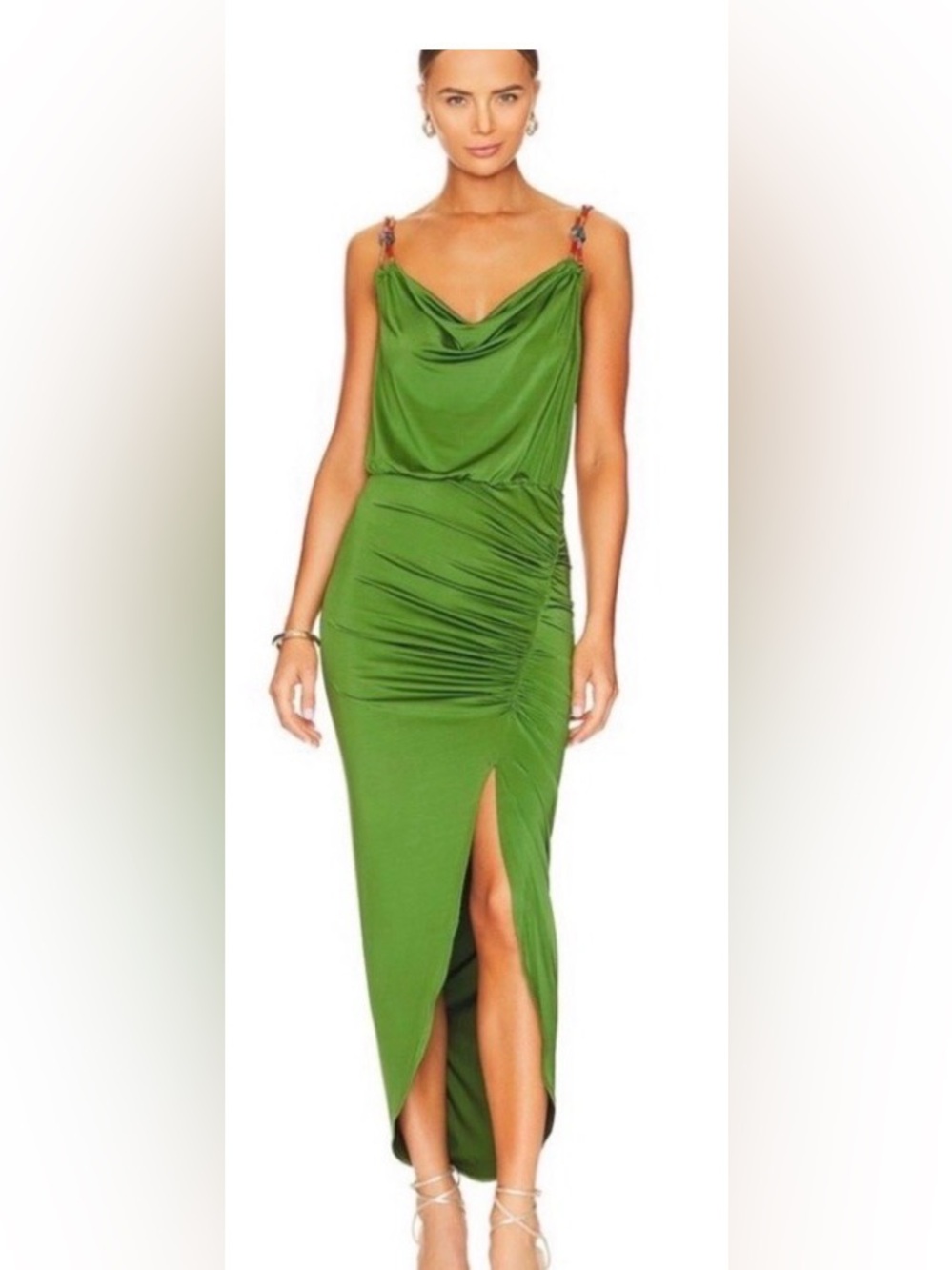 Veronica Beard Green Ruched Midi Dress Beaded Straps Size 2